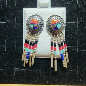 Native American Sterling Silver/Multi-Stone Inlaid Earrings Marked/Tested+ #1